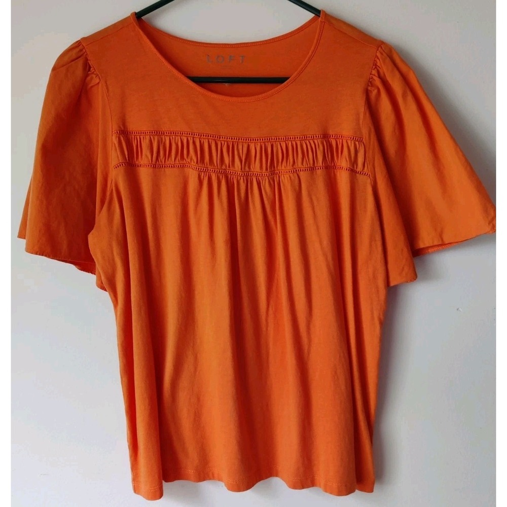 LOFT Women's Cutout Flare Short Sleeve Mixed Media Top Orange Size Large